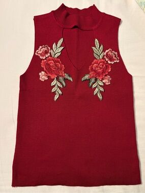 Red Floral Embroidered Sleeveless Knit Tank with Mock Neck